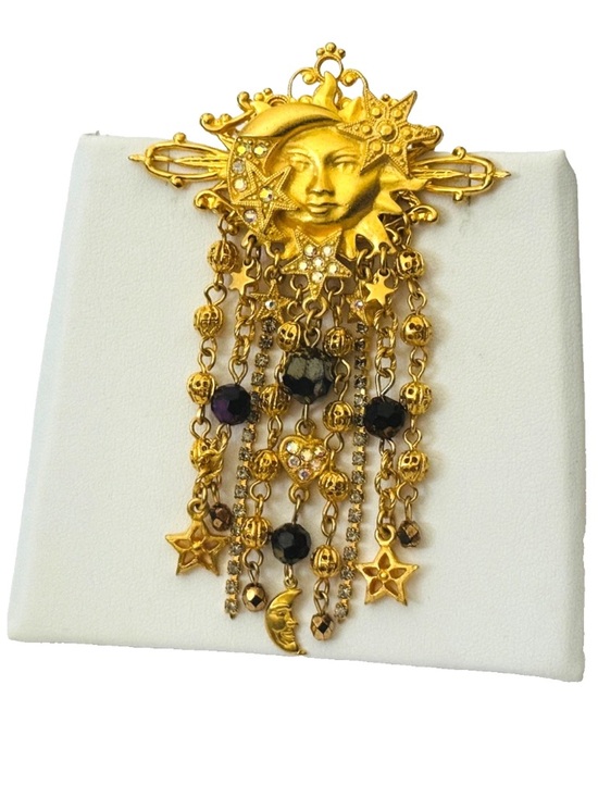 Kirks Folly Jewelry - Vintage KIRKS FOLLY Celestial Sun Moon Stars Heart Gold Tone Brooch Dangle Pin